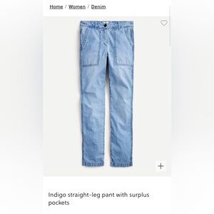 J. Crew indigo straight leg chambray pants with surplus pockets NWT - Sz 4
